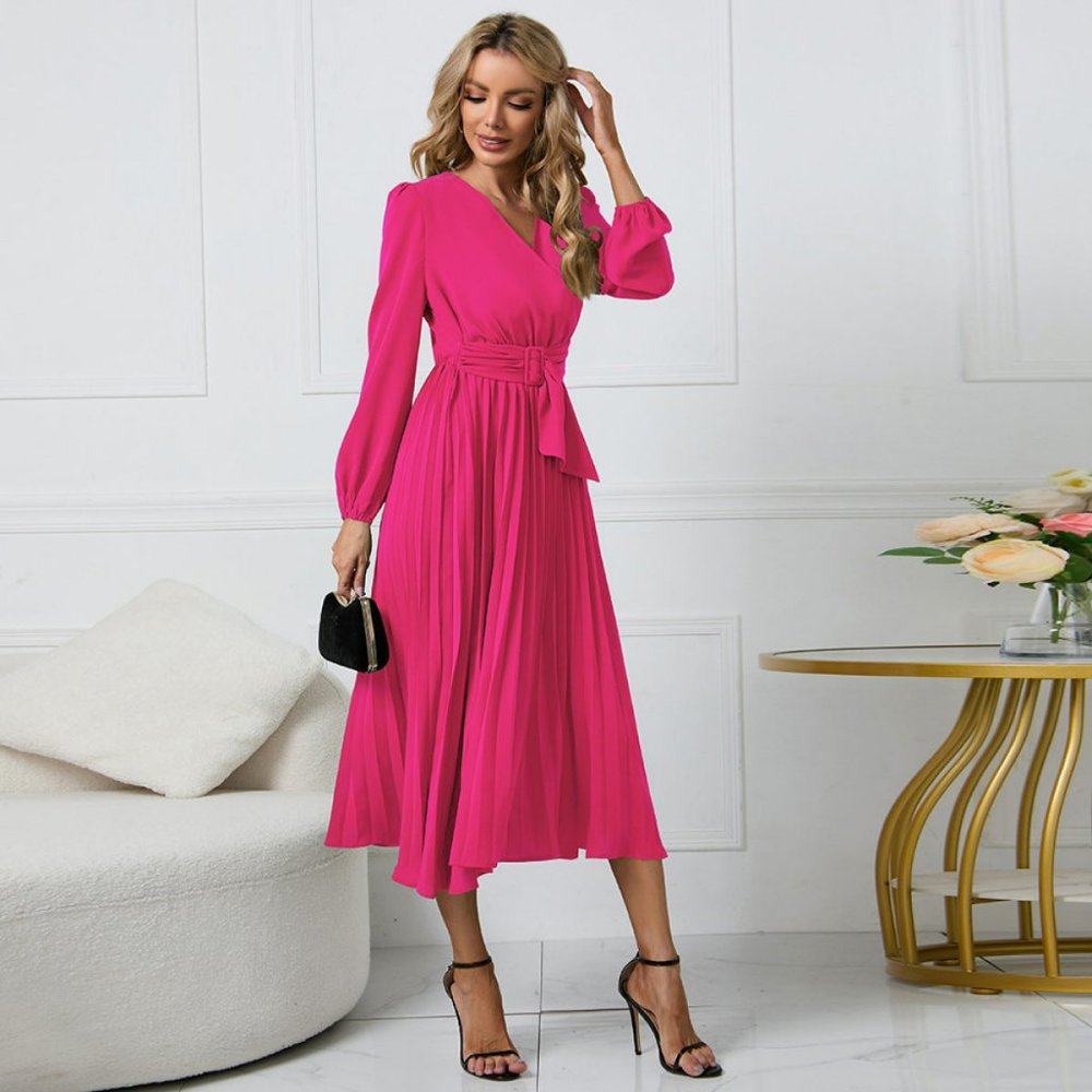 Rose Red V Neck Long Sleeve Tie Waist A-Line Midi Dress - Picture 8 of 8